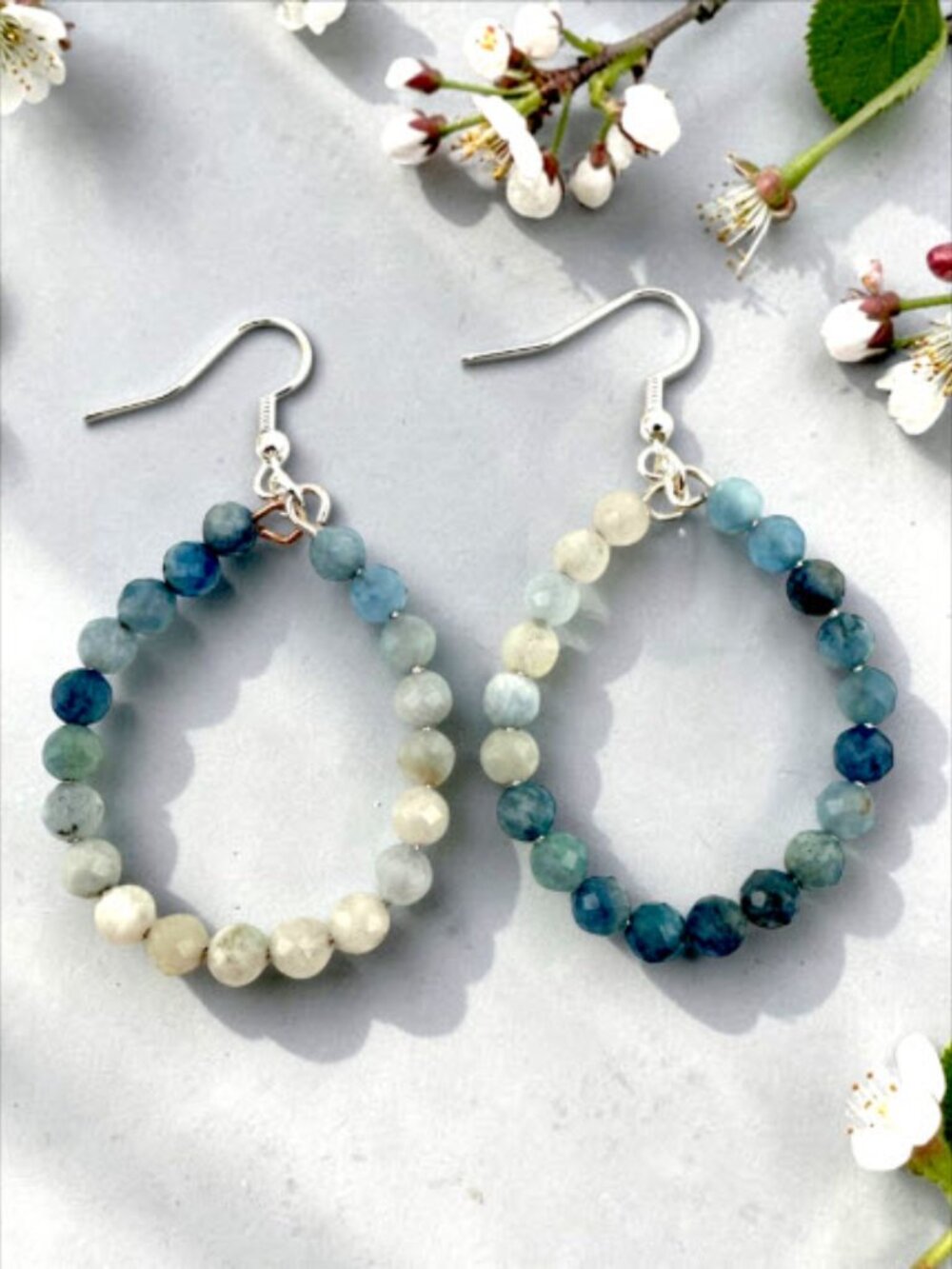 Natural Aquamarine Ombre Hoop Earrings Sterling Silver Coastal March Birthstone - Picture 3 of 9